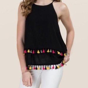 Blue Rain Alya Elodie Multi-Colored Tassels Layered Sleeveless Top Sz Small EUC